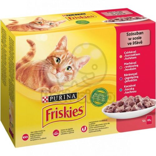 Friskies nedves macskaeledel szószban - csirkével, marhával, báránnyal, kacsával 12 x  85 g