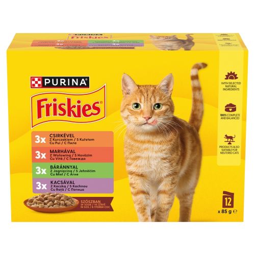 Friskies nedves macskaeledel válogatás - csirkével, marhával, báránnyal, kacsával szószban 12 x 85 g