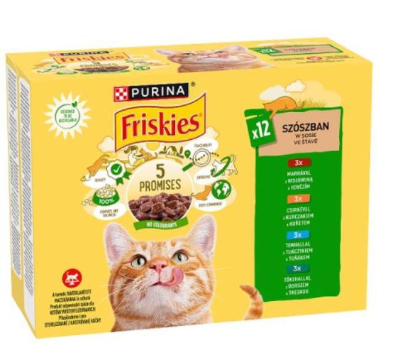 Friskies nedves macskaeledel szószban - marhával, csirkével, tonhallal, tőkehallal 12 x  85 g