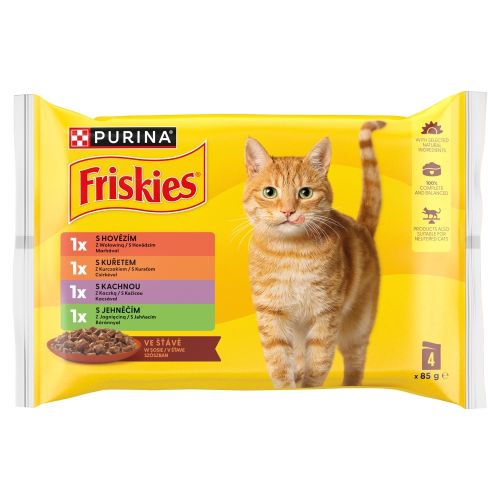 Friskies nedves macskaeledel válogatás - csirkével, marhával, báránnyal, kacsával szószban 4 x 85 g