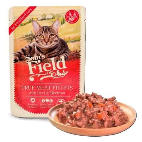 Sam's Field True Meat Fillets for sterilized cats - Beef & Beetroot alutasakos eledel  85 g