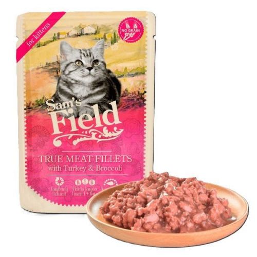 Sam's Field True Meat Fillets for kittens - Turkey & Broccoli alutasakos eledel 24 x  85 g