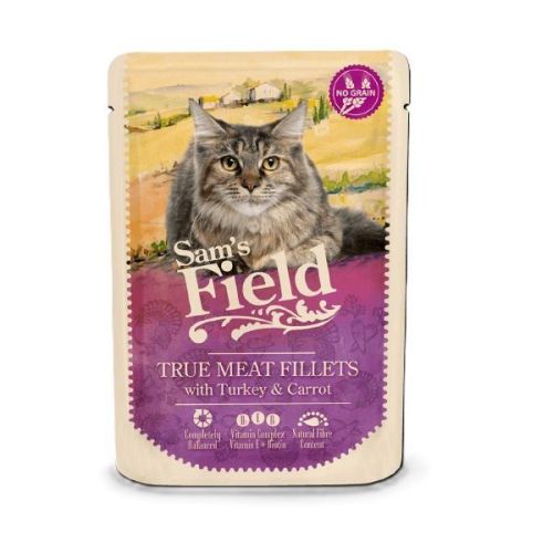 Sam's Field nedves állateledel macskák részére pulyka-répa ízesítéssel 24 x  85 g