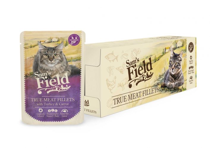 Sam's Field nedves állateledel macskák részére pulyka-répa ízesítéssel 24 x  85 g