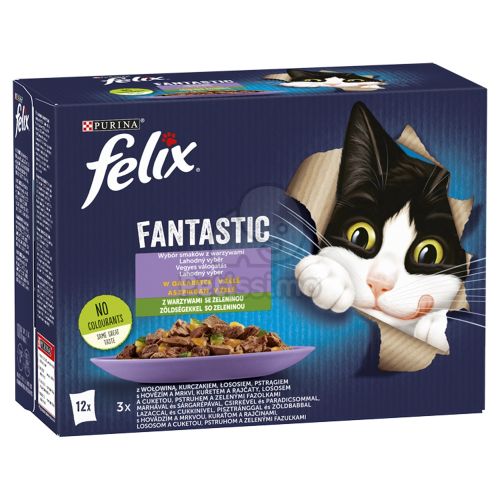 Felix Fantastic Vegyes Válogatás aszpikban marhával és sárgarépával, csirkével és paradicsommal, lazaccal és cukkinivel, pisztránggal és zöldbabbal 12 x  85 g