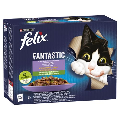 Felix Fantastic Vegyes Válogatás aszpikban marhával és sárgarépával, csirkével és paradicsommal, lazaccal és cukkinivel, pisztránggal és zöldbabbal 12 x  85 g