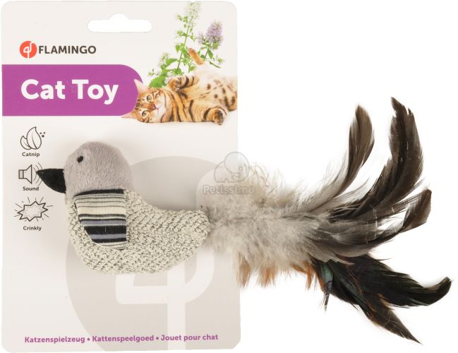 Flamingo szürke játékmadár tollakkal macskáknak  1 db