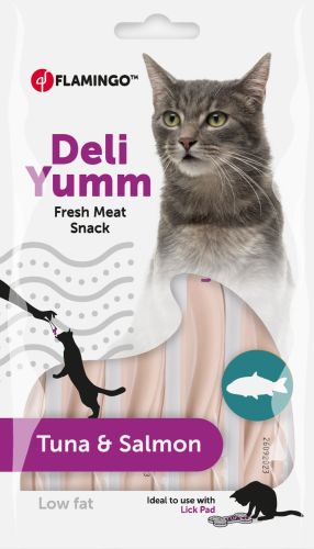 Flamingo Deli Yumm Fresh Meat Snack - tonhalas és lazacos püré macskáknak 5 x  14 g