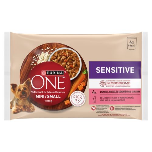 Purina ONE MINI Sensitive/Delicate nedves kutyaeledel lazaccal 4 x 85 g