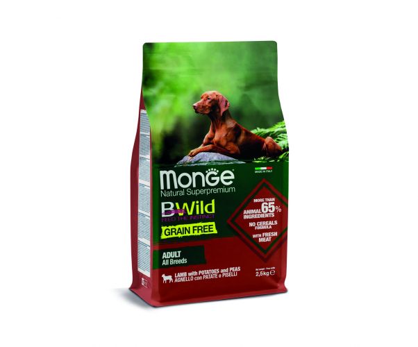 Monge BWild Grain Free All Breeds Adult száraz kutyatáp - bárány, burgonya, borsó  2.5 kg