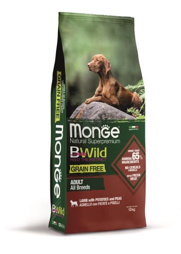 Monge BWild Grain Free All Breeds Adult száraz kutyatáp - bárány, burgonya, borsó  12 kg