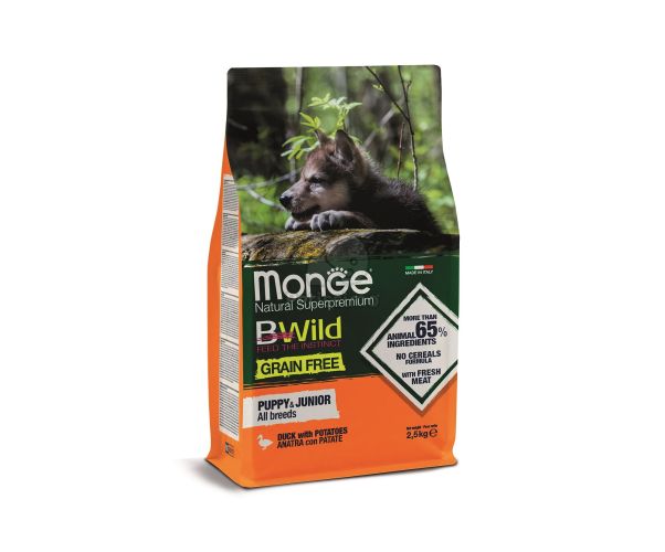 Monge BWild Grain Free Puppy & Junior All Breeds - kacsa burgonyával  2.5 kg
