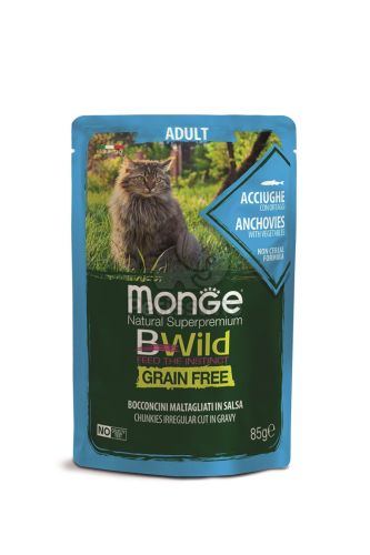 Monge BWild Grain Free Adult nedves macskaeledel - szardella zöldségekkel  85 g