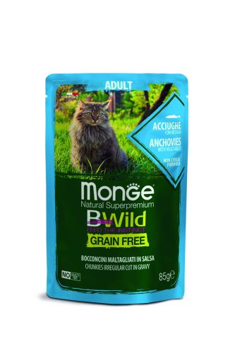 Monge BWild Grain Free Adult nedves macskaeledel - szardella zöldségekkel  85 g