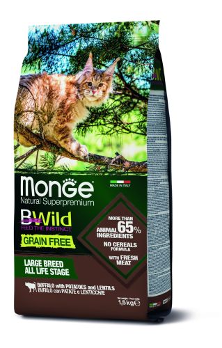 Monge BWild Grain Free száraztáp nagytestű macskáknak - bölény, burgonya, lencse  1.5 kg