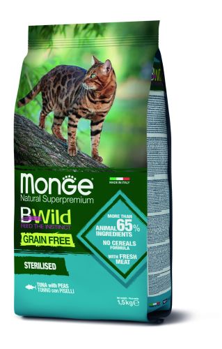 Monge BWild Grain Free Sterilised száraz macskatáp - tonhal, borsó  1.5 kg