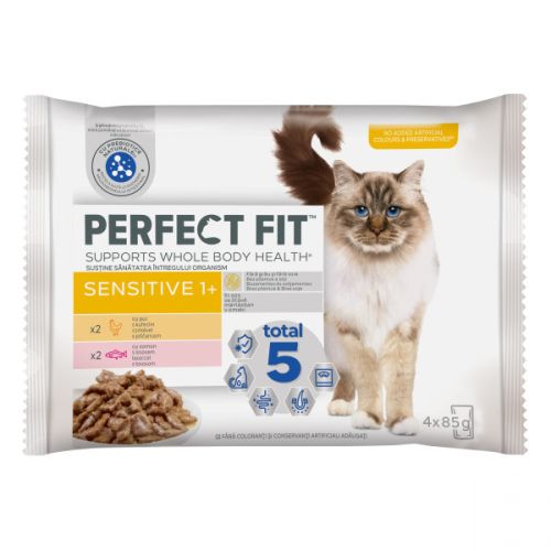 Perfect Fit Sensitive 1+ macskaeledel csirkével és lazaccal érzékeny gyomrú macskáknak 4 x  85 g