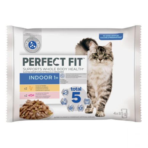 Perfect Fit alutasak csirke-lazac ízesítésben benti macskák részére 4 x  85 g