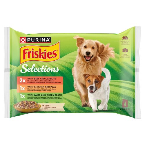 Friskies Selections - nedves eledel válogatás marhával és sárgarépával, csirkével és borsóval, báránnyal és zöldbabbal aszpikban 4 x 85 g