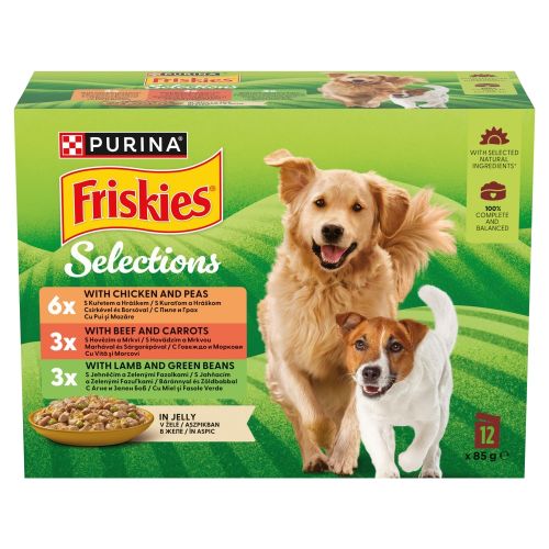 Friskies Selections - nedves eledel válogatás marhával és sárgarépával, csirkével és borsóval, báránnyal és zöldbabbal aszpikban 12 x 85 g