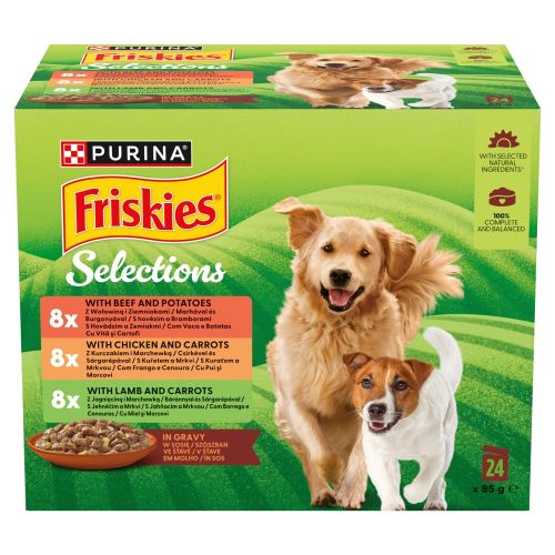 Friskies szószos válogatás nedves kutyaeledel - marhával és burgonyával, csirkével és sárgarépával, báránnyal és sárgarépával 24 x 85 g