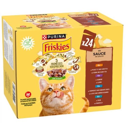 Friskies nedves macskaeledel szószban - csirkével, báránnyal, lazaccal, tonhallal 24 x  85 g