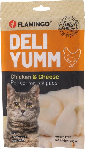 Flamingo Deli Yumm Snack - csirkés-sajtos püré macskáknak 5 x  14 g
