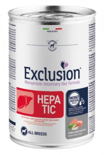 Exclusion Hepatic Pork & Rice & Pea konzerv kutyák számára  400 g