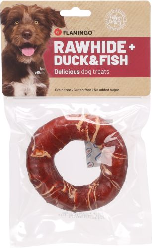 Flamingo Rawhide Ring + duck & fish - nyersbőr + kacsa és hal  90 g