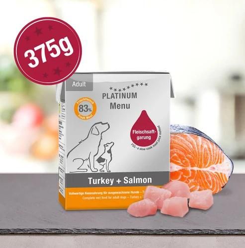 Platinum Menu Turkey+Salmon - nedvestáp felnőtt kutyák számára  375 g