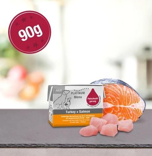 Platinum Menu Turkey+Salmon - nedvestáp felnőtt kutyák számára  90 g
