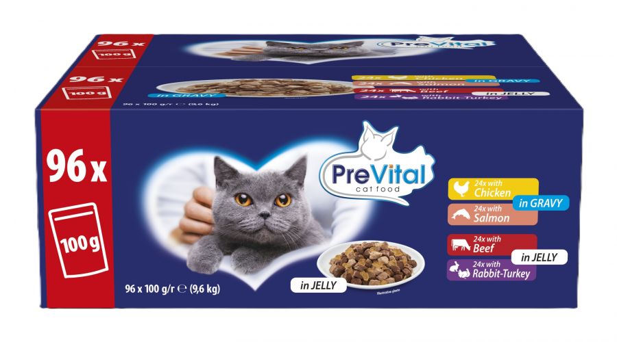 PreVital alutasakos eledel csirkével, lazaccal, marhával, nyúllal+pulykával 96 x  100 g