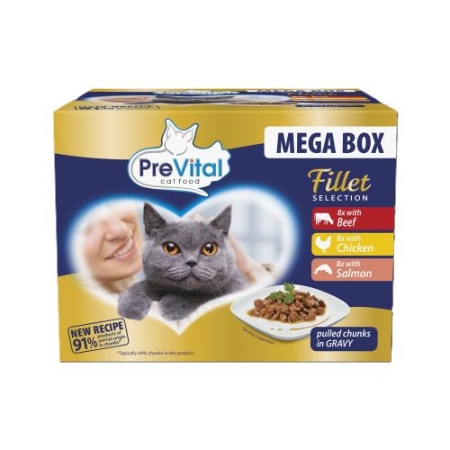 PreVital Fillet Selection - alutasakos válogatás marha, csirke lazac felnőtt macskák számára 24 x  85 g