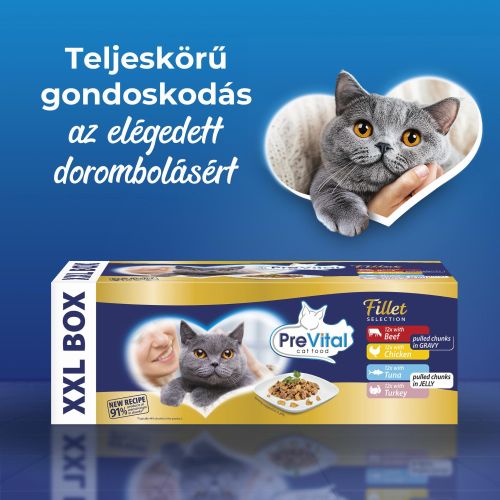 PreVital Fillet Selection Beef, Chicken, Tuna, Turkey - alutasakos eledel válogatás marha, csirke, tonhal, pulyka felnőtt macskák számára 48 x  85 g