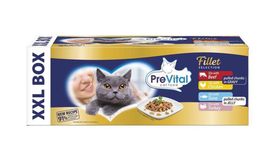 PreVital Fillet Selection Beef, Chicken, Tuna, Turkey - alutasakos eledel válogatás marha, csirke, tonhal, pulyka felnőtt macskák számára 48 x  85 g