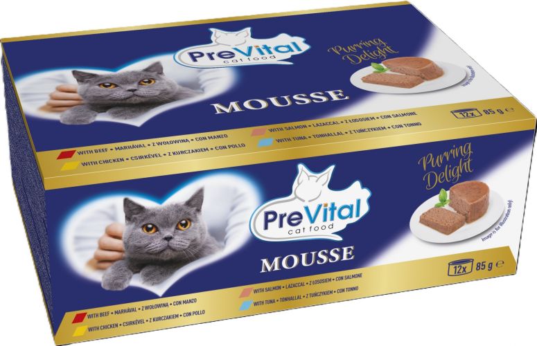 PreVital Mousse Beef, Chicken, Salmon, Tuna - pástétom válogatás marhával, csirkével, lazaccal, tonhallal felnőtt macskák számára 12 x  85 g