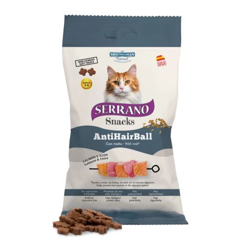 Mediterranean Natural Serrano Snacks AntiHairBall Salmon & Tuna - funkcionális jutalomfalat macskák számára 50 g