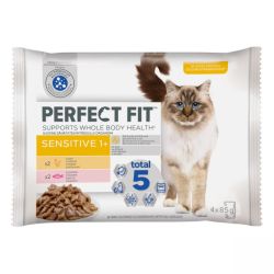 Perfect Fit Sensitive 1+ macskaeledel csirkével és lazaccal érzékeny gyomrú macskáknak 4 x  85 g