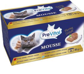 PreVital Mousse Beef, Chicken, Salmon, Tuna - pástétom válogatás marhával, csirkével, lazaccal, tonhallal felnőtt macskák számára 4 x  85 g