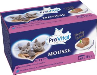 PreVital Mousse Kitten Veal, Ocean Fish - pástétom válogatás borjúval, óceáni hallal kölyökmacskák számára 4 x  85 g