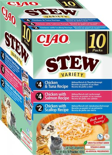 Inaba Cat Stew Variety - csirke-tonhal, csirke-lazac, csirke-fésűkagyló 10 x  40 g