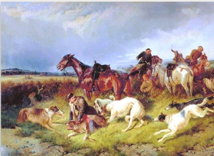 vadászó borzoj falka